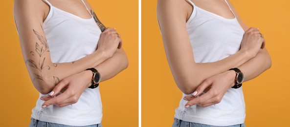 Woman before and after laser tattoo removal procedure on orange background, closeup. Collage with photos, banner design