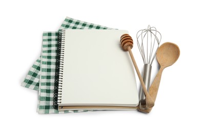 Blank recipe book, napkin and kitchen utensils on white background. Space for text