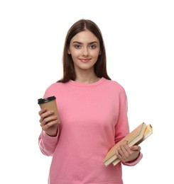 Teenage student holding books and cup of coffee on white background