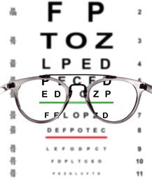 View through glasses on eye chart, white background