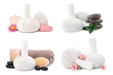 Set with herbal massage bags and different spa supplies on white background