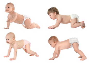 Collage with photos cute little babies crawling on white background