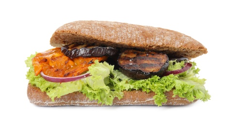 Delicious fresh eggplant sandwich isolated on white