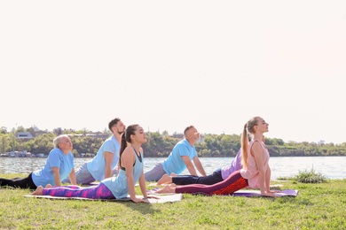 Group of people practicing yoga near river on sunny day