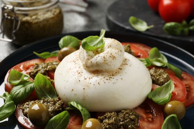 Delicious burrata salad with tomatoes, olives, basil and pesto on plate, closeup