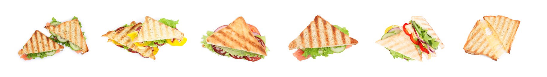 Image of Set with different delicious sandwiches on white background. Banner design