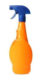 Orange spray bottle of cleaning product isolated on white
