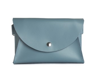Photo of Light blue women's envelope belt bag isolated on white