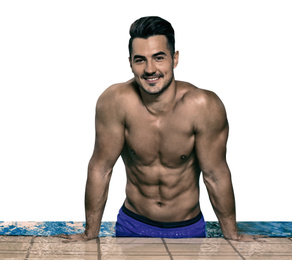 Young athletic man in swimming pool against white background