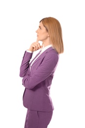 Portrait of pensive businesswoman on white background
