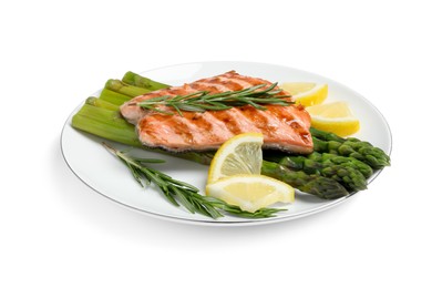Tasty grilled salmon with asparagus, lemon and rosemary on white background
