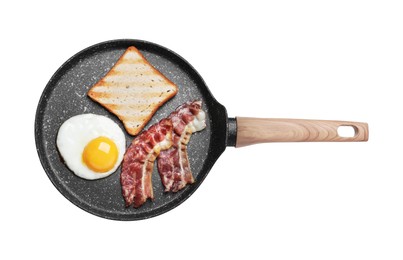Frying pan with delicious fried egg, bacon and toast isolated on white, top view