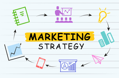 Marketing strategy scheme with illustrations on light background
