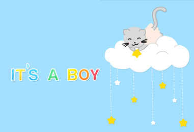 Cute illustration of cat and phrase ITS A BOY on light blue background. Baby shower party