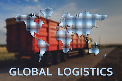 Global logistics concept. Truck on country road and world map
