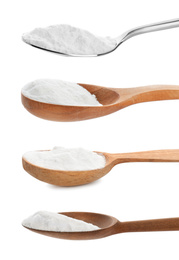 Set with spoons of baking soda on white background