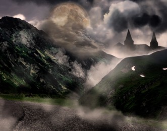 Fantasy world. Mystical castle and mountains covering with fog in night