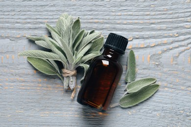 Bottle of essential sage oil, twigs, leaves on light grey wooden table, flat lay