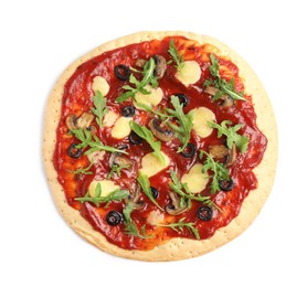 Photo of Pita pizza with cheese, olives, mushrooms and arugula isolated on white, top view