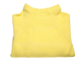 Photo of Yellow woolen sweater isolated on white, top view