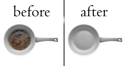 Frying pan before and after cleaning on white background, collage