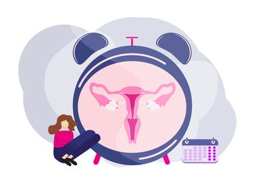 Impending menopause concept. Illustration of upset woman, alarm clock and calendar on white background