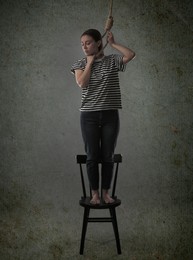 Depressed woman with rope noose standing on chair against grey background. Suicide concept
