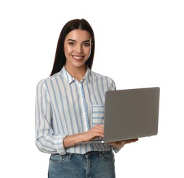 Young woman with modern laptop on white background