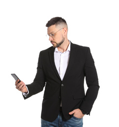 Businessman in glasses with smartphone on white background