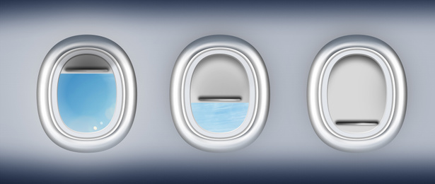 Open and closed airplane portholes, banner design 