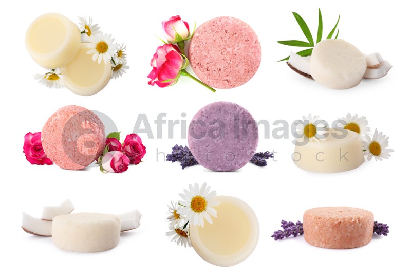 Set with solid shampoo bars on white background. Hair care