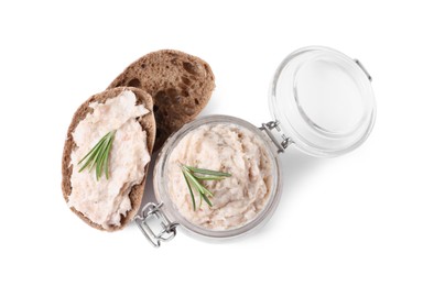 Photo of Delicious lard spread and sandwich on white background, top view