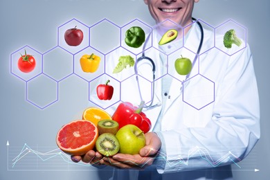 Nutritionist with fresh products on light background and images of different vegetables and fruits, closeup. Healthy eating