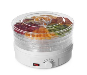 Modern dehydrator machine with different fruits on white background