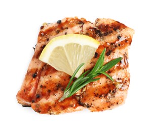 Tasty grilled salmon with rosemary and lemon on white background, top view
