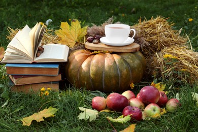 Photo of Books, pumpkin, apples and cup of tea on green grass outdoors. Autumn season
