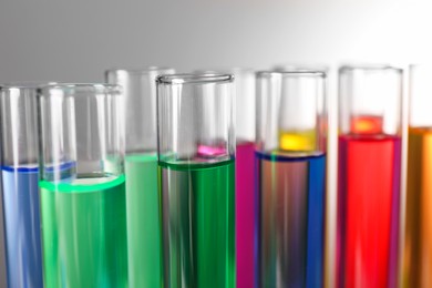 Photo of Many test tubes with colorful liquids on grey background, closeup