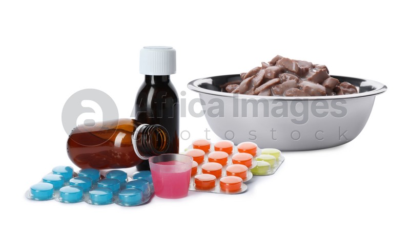 Wet pet food in feeding bowl, syrup and vitamin pills on white background