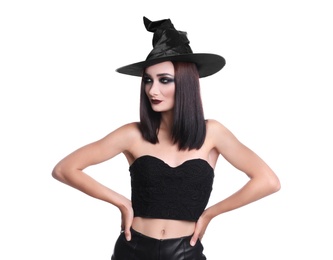 Mysterious witch wearing hat on white background