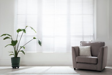 Photo of Soft armchair and houseplant near large window with blinds in spacious room. Interior design