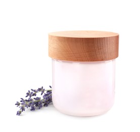 Jar of hand cream and lavender on white background
