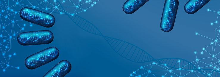 Capsules with DNA molecule on blue background, banner design. Illustration