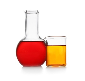 Chemistry glassware with color samples isolated on white