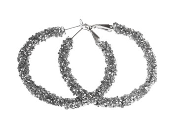 Photo of Luxury earrings on white background. Elegant jewelry