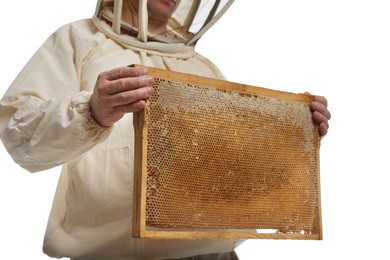 Beekeeper in uniform holding hive frame with honeycomb on white background, closeup
