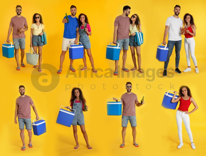 Collage with photos of people holding cool boxes on yellow background