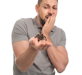 Scared man holding tarantula on white background. Arachnophobia (fear of spiders)