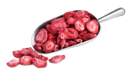 Scoop with freeze dried strawberries on white background