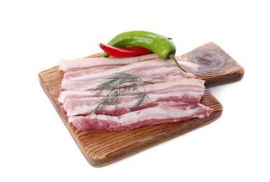 Photo of Pieces of pork fatback with chilli pepper and dill on white background