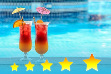 Five Star Luxury Hotel. Glasses with tasty cocktails near swimming pool